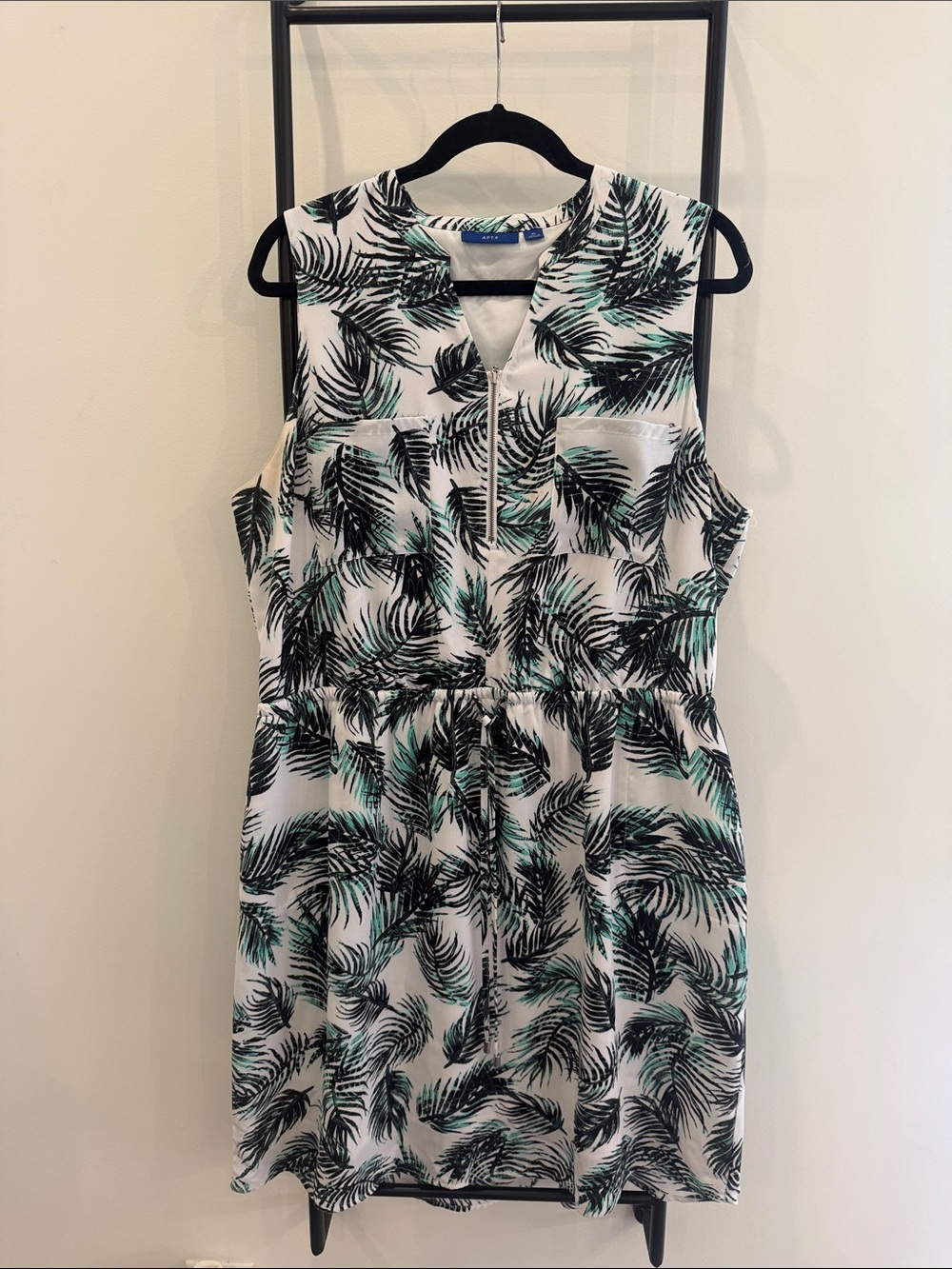 Apt. 9 White Dress with Black & Teal Palm Print